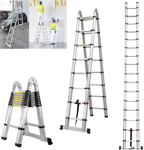 Royalswill Escalera telescópica de 5 m con estabilizador,2,5 m+2,5 m,portátil,multiusos,con pies de goma antideslizantes,escalera extensible,escalera plegable,escalera de acero inoxidable,150 kg,para