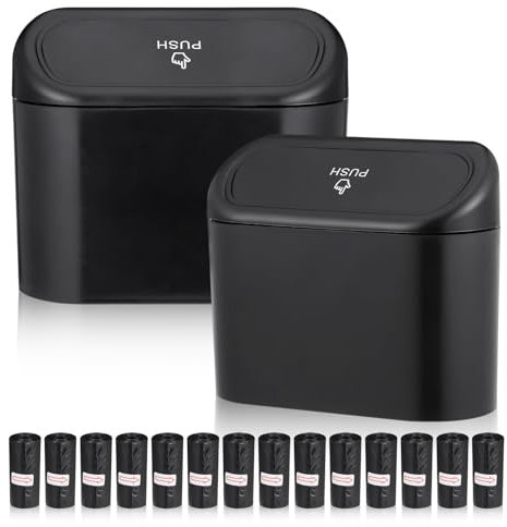 Huiguli 2 Piezas Bote de Basura para Coche Pequeño, Mini Papelera Coche con 210 Bolsas de Basura, Cubo de Basura Coche con Tapa, Portátil Caja de Almacenamiento para Coche Oficina, Impermeable