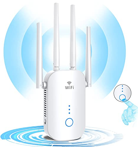 Repetidor WiFi - 2024 Nuevo Amplificador Señal WiFi 1200Mbs, Repetidor WiFi Largo Alcance con 4 Antenas, Extensor con Ethernet y Enchufe y Indicador LED de Señal, Play y Plug, Compatible Todo Routers