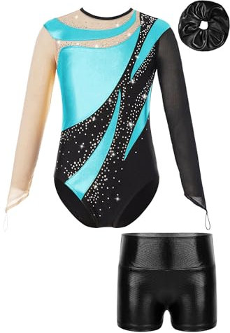 iiniim Kinder Mädchen Turnanzug Gymnastikanzug Trikotanzug Glänzend Gymnastik Leotard mit Shorts Haarband Wettbewerb Tanzkostüm Türkis&Schwarz 146-152