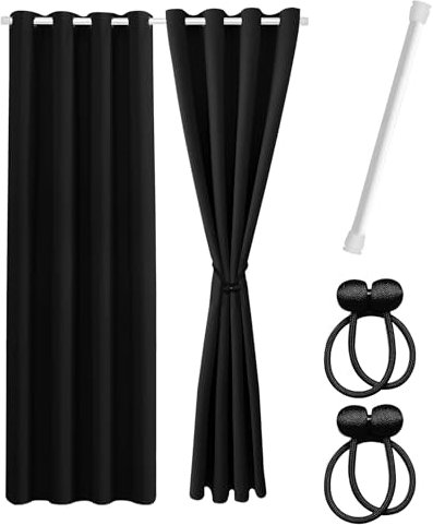 Cozyor Praktisches Set ohne Bohren: 2X Vorhang + 1x Klemmstange 70-120 cm + 2X Raffhalter mit Magnet Blickdicht & verdunkelnd, als Raumteiler, Fenster & Tür Schwarz Thermovorhang 175x135cm