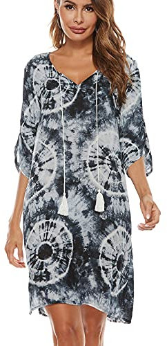 BDTECAOR Damen Vintage Ethnic Style Gedruckt V-Ausschnitt Böhmischen Tunika Kleid Tie dye L