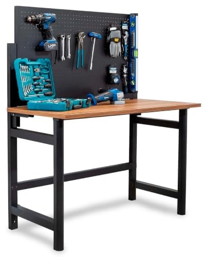Kompak Banco de Trabajo Plegable de Pared con Altura Regulable - Mesa de Trabajo Plegable con Panel Perforado y Ganchos - Banco de Trabajo con Encimera de Madera y Estructura de Acero Reforzado