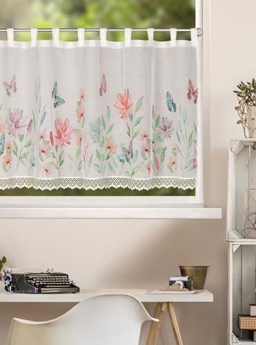 KAMACA Bistrogardine mit Schlaufen Panneau Scheibengardine Küchengardine Kurzstore transparent Küche Schlaufenpanneau Voile Spitze (HxB 60x140 cm Theresia)