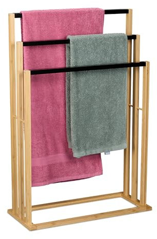 Relaxdays Porte-Serviettes en Bambou, 3 Barres en quinconce, H x L x P : 82 x 55 x 24 cm, Salle de Bain, Nature et Noir