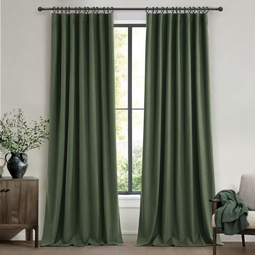 QJmydeco Dark Green Curtains 84 Inches Long, Blackout Spring Curtains for Living Room Cooling Heat Reflective Linen Look Vintage Drapes for Bedroom Back Tab Pleated (Olive,2Panels W50 xL84)