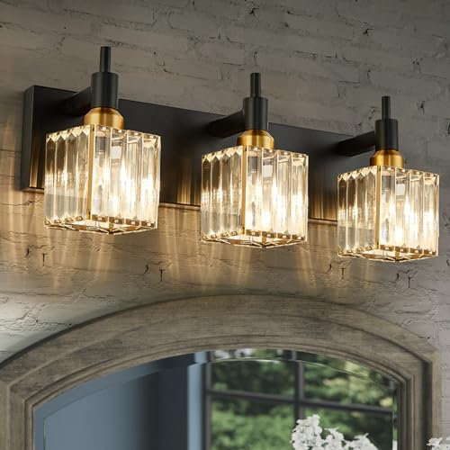 OYIPRO Bathroom Vanity Light Fixtures, Modern Crystal 3 Light Vanity Light, Black Gold Bathroom Light Fixtures Over Mirror Sconces E27 Base Vanity Lights for Bathroom Wall Light