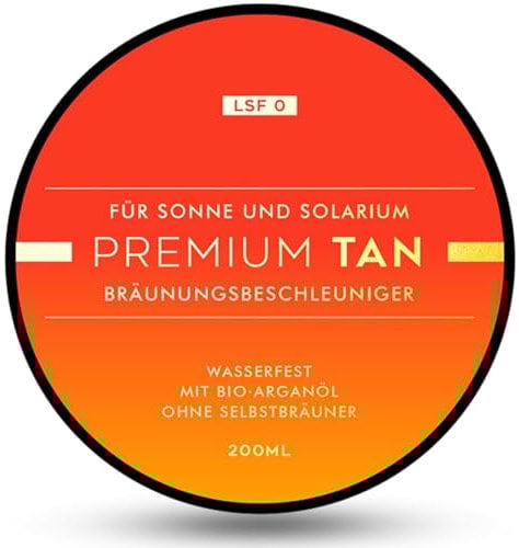 Premium Tan Bräunungsbeschleuniger LSF 0, 200 ml - Mit Bio-Arganöl, Wasserfest, Parabenfrei, Ohne Tierversuche - Bräunungscreme ohne Selbstbräuner - Für eine schnelle natürliche Bräune in der Sonne