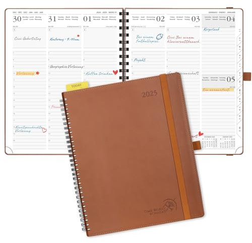 POPRUN Kalender 2025 Wochenplaner Ringbuch mit Softcover, ca. A4 (26,5 x 21,5 cm), 12-Monate-Terminplaner (Jan.2025-Dez.2025) 1 Woche 2 Seite mit 100 GSM Zertifiziertem Papier - Braun