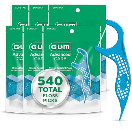 GUM Advanced Care - Filo interdentale per adulti con vitamina E e fluoro, filo interdentale extra forte, resistente alle taglie, impugnatura facile da impugnare, sapore di menta fresca, 90 pezzi