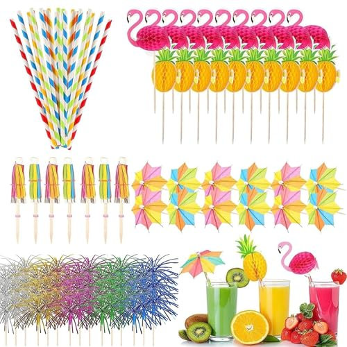 Cocktail Drinks Decorations Accessories Including Umbrellas Stirrers Reuseable Paper Straws Sparkler Sticks Pineapple Stirrers Flamingo Stirrers for Beach Birthday Festival Tropical Summer Pool Party