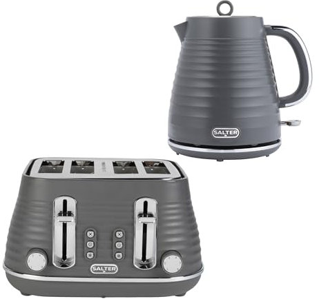 Salter Ripple Kettle & Toaster Set – 1.7L Capacity, Electric Cordless, Removable Filter, Auto-Shut Off, 4 Extra Thick Toasting Slots, Removable Crumb Tray, 6 Browning Levels, Self-Centring, COMBO-9412