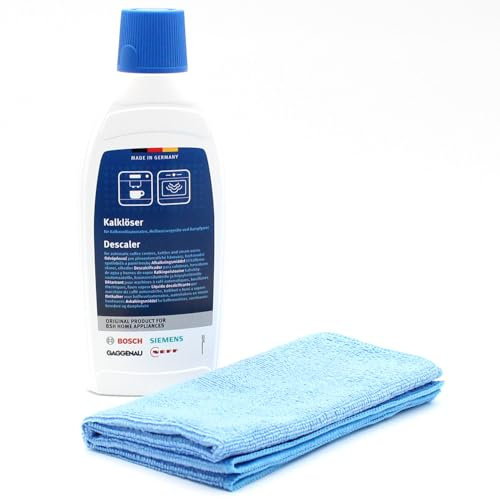 PakTrade Entkalker Kalklöser + Mikrofasertuch kompatibel mit Bosch, Siemens 00310748, 310748, 00310451, 310451 - für Kaffeevollautomaten, Heißwassergeräte, Dampfgarer, 500ml