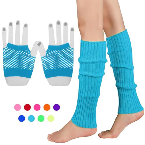 INGJIA Fischnetz Handschuhe,Elastische Neon Beinstulpen und Netzhandschuhe Set 80er Jahre Kostüm Zubehör(Blau 1)