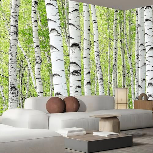 Fototapete 3D Effekt Natur Grüne Zweige 400×280cm,Tapete Fototapeten Tapeten Wandtapete,Birkenstamm Wandbild Wand Schlafzimmer Wohnzimmer