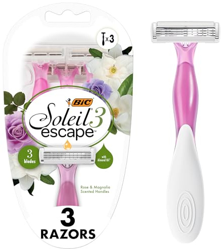 BIC Soleil Escape Rasoirs jetables pour femme, 3 lames pour un rasage confortable, lot de rasoirs à manche parfumé à la rose et au magnolia pour femme, 3 pièces