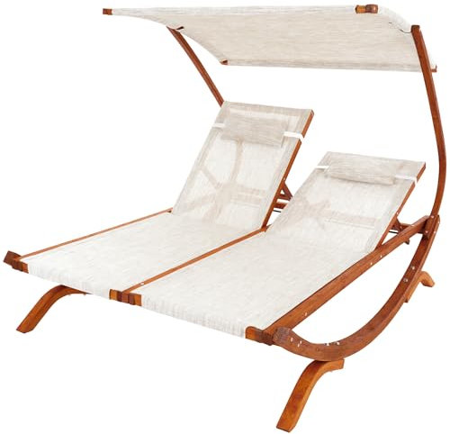 di volio Sonnenliege mit Dach Pionza, Doppelliege mit Verstellbarer Rückenlehne, Gartenliege aus Holz für 2 Personen - wetterfest & bequem (Beige)