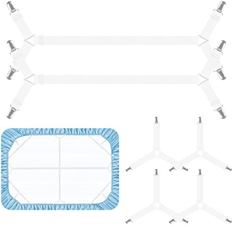 Bettlakenhalter-Riemen, verstellbare Bettlakenbefestigung, Greifer, dreieckig, elastisch, überkreuzte Bettlakenspanner für Doppelbett, Queen-Size-Bett, Doppelbett, 2 Stück, Schwarz [Weiß, 6-teiliges