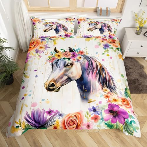 Homewish Pferd Bettwäsche 135x200 Kinder Mädchen, Wildtier Bedruckt Bettbezug Niedlich für Teenager, Ästhetische Blumen Bett Set, mit 1 Kissenbezug Holzbrett Dekor, Weiche Mikrofaser