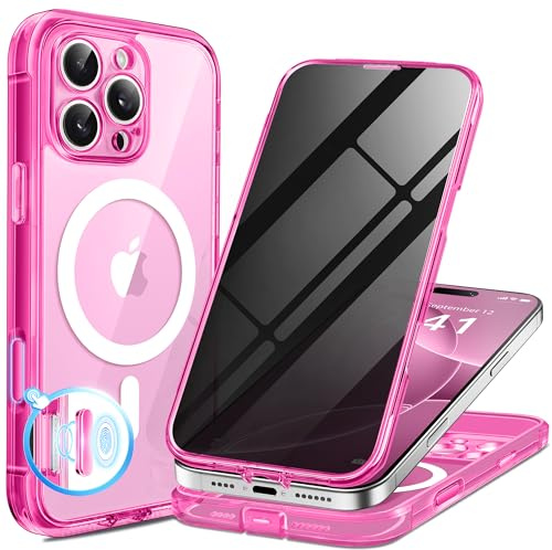 BERFY for iPhone 16 Pro Case, Compatible with MagSafe,Clear Bright Pink | Built-in Privacy Screen Protector, Full Camera Protection, Shockproof Full Body Magnetic Clear Phone Case 6.3