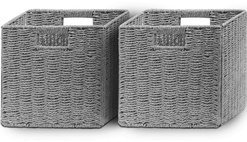 Aluusy Kallax Foldable Storage Basket, Braided Water Hyacinth Paper, Shelf Basket, Cube, 28 cm, Decorative Wicker Basket, Handmade for Bathroom, Living Room, Bedroom, 28 x 28 x 28 cm, Grey