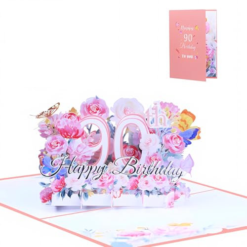 FloraVigo Geburtstagskarte, Pop-up-Karte Jahrestag,Blume Pop Up Grußkarten, 3D Pop Up Karte Geburtstag (Geburtstagskarte zum 90. Geburtstag)