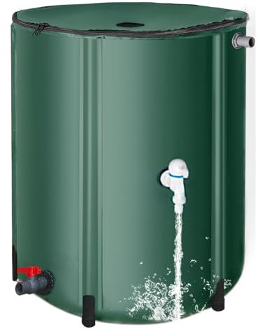 THORKOK Water Butts Rain Barrel 250L with Stand and Tap, Collapsible PVC, Waterbutt UK, Army Green