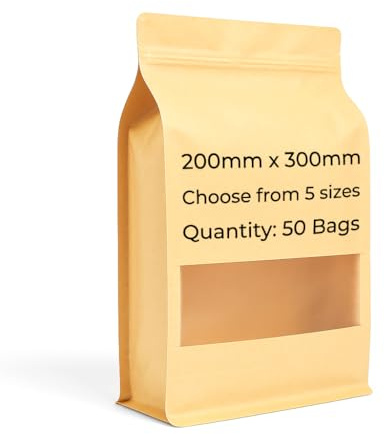 Home Range Kraft Zip Lock Flat Bottom Food Pouch 200 x 300 mm | 50 Bags | Heat Sealable, Resealable, Food Grade Packaging with Window & Tear Notch for Herbs, Coffee, Spices, Wax Melts & More