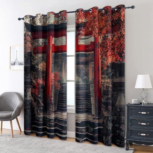 Generisch Japanisch Vorhänge mit Ösen, H 160 x B 140, 2er Set - Torii Asiatisch Motiv Gardinen Wohnzimmer Schlafzimmer Deko, Fenster Vorhang Blickdicht Blackout Curtain （R159）
