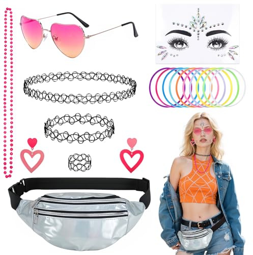 Oerphh 9 Pcs 80er 90er Jahre Outfit Damen Kleidung Kostüm Zubehör Neon Women Festival Hippie Accessoires Retro Party für Neon Mottoparty Sport Disco Karneval