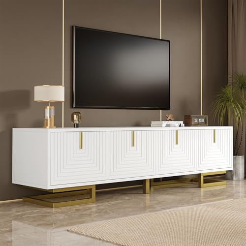 NovaFurnish Mueble de TV con puertas texturizadas, muebles de TV, asas doradas y patas doradas (blanco)