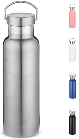 Water Bottle Stainless Steel Insulated 500ml with Leakproof Lid and Handle, Double Wall Vacuum Travel Bottle for School, Hiking, Travel - Reusable Metal Standard Mouth Flask for Everyday Use (Silver)