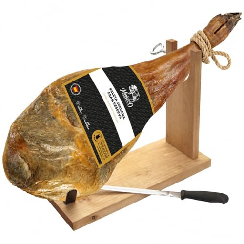 Spanish Serrano Ham Shoulder with Stand and Knife by The Black Hoof | 12+ months cured | No additives | Jamon Serrano EU ETG Certified | Approx. 4-5kg | Product of Spain
