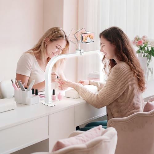 Half Moon Light for Nail Desk: LED 75cm Shadow Free 3 Mode Dimmable Light | Shadow Free Foldable Nail Desk Lamp with Phone Holder - Ideal for Nail Artists Lash Technicians and Beauty Studios - White