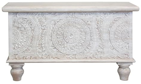 Shabby Chic Holztruhe Indische Truhe mit aufwendiger Schnitzerei weiß 80cm