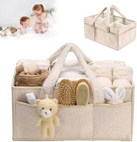 agctrler Wickeltasche Organizer Plüsch Qualitäts-Upgrade, Tragbarer Wickeltisch Organizer mit Teddy, Baby Wickelkorb mit Herausnehmbaren Fächern, Baby Aufbewahrungskorb für Wickel und Babysachen