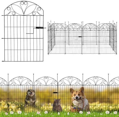Valla decorativa de metal con puerta, 12 paneles, 81 × 57 cm, borde de hierro negro para césped, parterres y caminos de jardín
