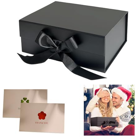Black Foldable Gift Box, Gift Boxes with Lids Magnetic Gift Box Gift Boxes for Presents with Ribbon & 2 Greeting Cards for Birthday, Wedding & Occasions, 22x17x8.5cm