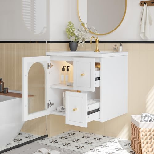 Kelodan Mueble de baño montado en la pared con lavabo de cerámica, iluminación LED, puerta de cristal estriada y tiradores de metal, armario para debajo del lavabo con cierre suave, color negro y