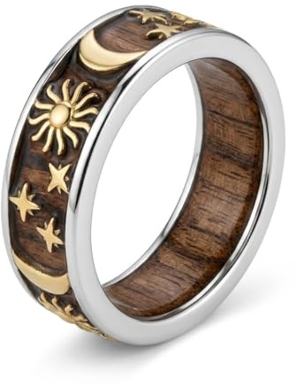 DAYLINLOVE Sonne Mond Stern Ring 925 Sterling Silber Echtes Eben Holz Ring Sonne Mond Himmlisch Schmuck Geschenk für Damen Frauen