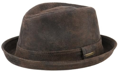 Stetson Radcliff Player Lederhut Damen/Herren - Pork Pie aus Leder - Fedora-Hut mit Futter aus Baumwolle - Player-Hut mit Krempe - Einfarbiger Ledertrilby Sommer/Winter braun S (54-55 cm)