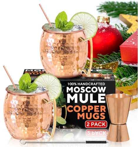 Moscow Mule en cuivre Tasses – Lot de 2–100% fabriqué à la main – Pure Cuivre massif Tasses de 453,6 gram Coffret cadeau avec Bonus : Plus haute qualité en cuivre Cocktail pailles et Mesureur.
