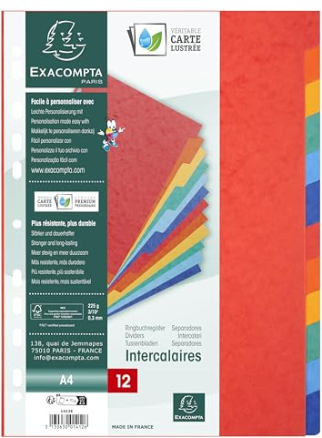 Exacompta 1412E 25er Pack Premium-Register für DIN A4 aus starkem Colorspankarton 12-teilig volle Höhe 22 x 29,7 cm vollfarbig 2 x 6 Farben mit Indexseite zum selbstgestalten Trennblätter