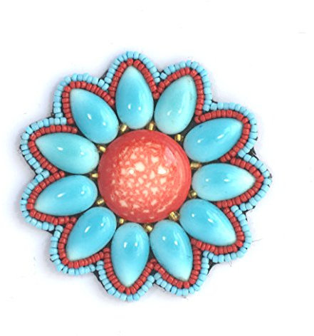 Broche Fleur Ronde Rouge et Turquoise en Porcelaine et Perles de Verre - Bijou Fantaisie