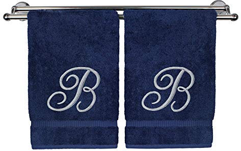 Bare Cotton Monogramm Personalisierte Handtücher Gästetuch Hochzeit Engagement Jahrestag Geschenk, Baumwolle, Navy, 2 Hand Towel-Silver Script Initial B