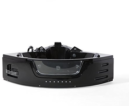 Whirlpool Badewanne Mallorca – Eckbadewanne mit 12 Massage-Düsen, LED-Beleuchtung, Armaturen & Glasfront | Maße: [155x155 cm] | Farbe: Schwarz | Spa-Badewanne für 2 Personen