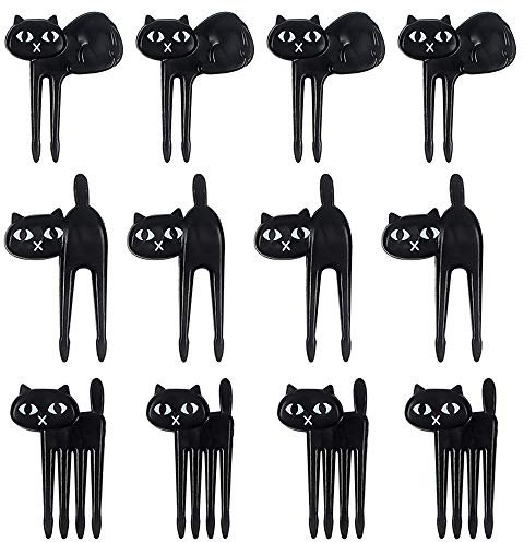 ICYANG Palillos de comida para gatos negros para frutas y cócteles, fiambrera, tenedores, decoración de fiestas, palillos decorativos, comida, lindos animales, reutilizables, pequeños, 12 piezas