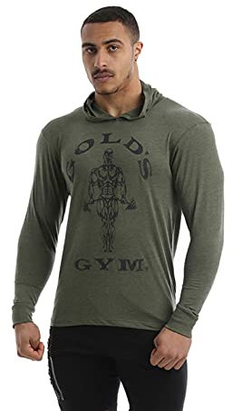 Gold's Gym Men's Workout Training Hooded Long Sleeve Sweat Top, Army Green, Medium