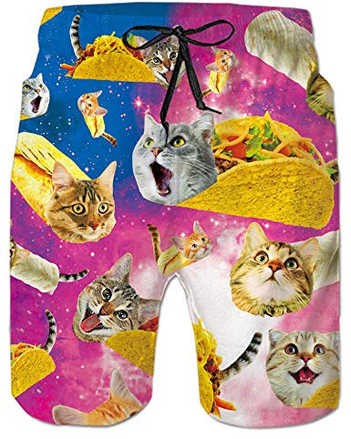 Loveternal Hawaii Badehose 3D Schnell Trocknend Pizza Katze Badehose Lustig Coole Badeshorts für Männer XL