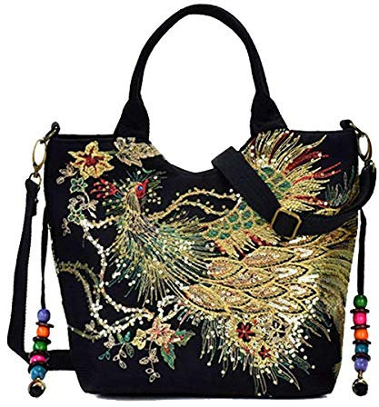 Damen Handtasche Stickerei Pailletten Pfau – Ethnische Canvas Schultertasche mit Anhängern, Schwarz , Large